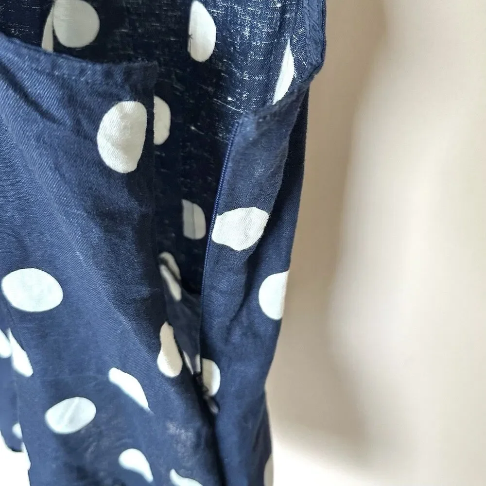 J Crew Top Women's 12 Navy Blue Polka Dot Peplum Linen Cotton Sleeveless Preppy